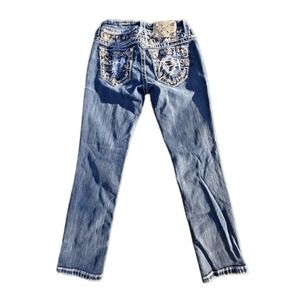 Miss Me 25x24 Mid Rise Easy Cropped Womens Embellished Pockets Thick Stitch